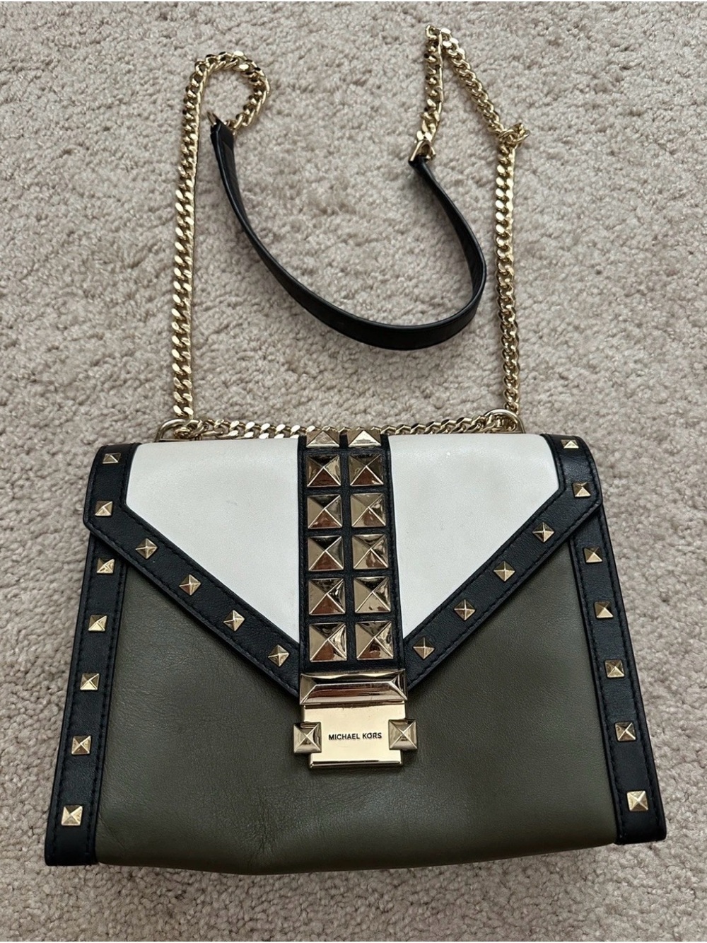 Michael Kors Olive, White & Black Studded Chain Shoulder Bag